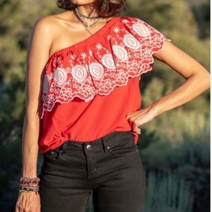 Stella & Dot Red and White Cold Shoulder Blouse